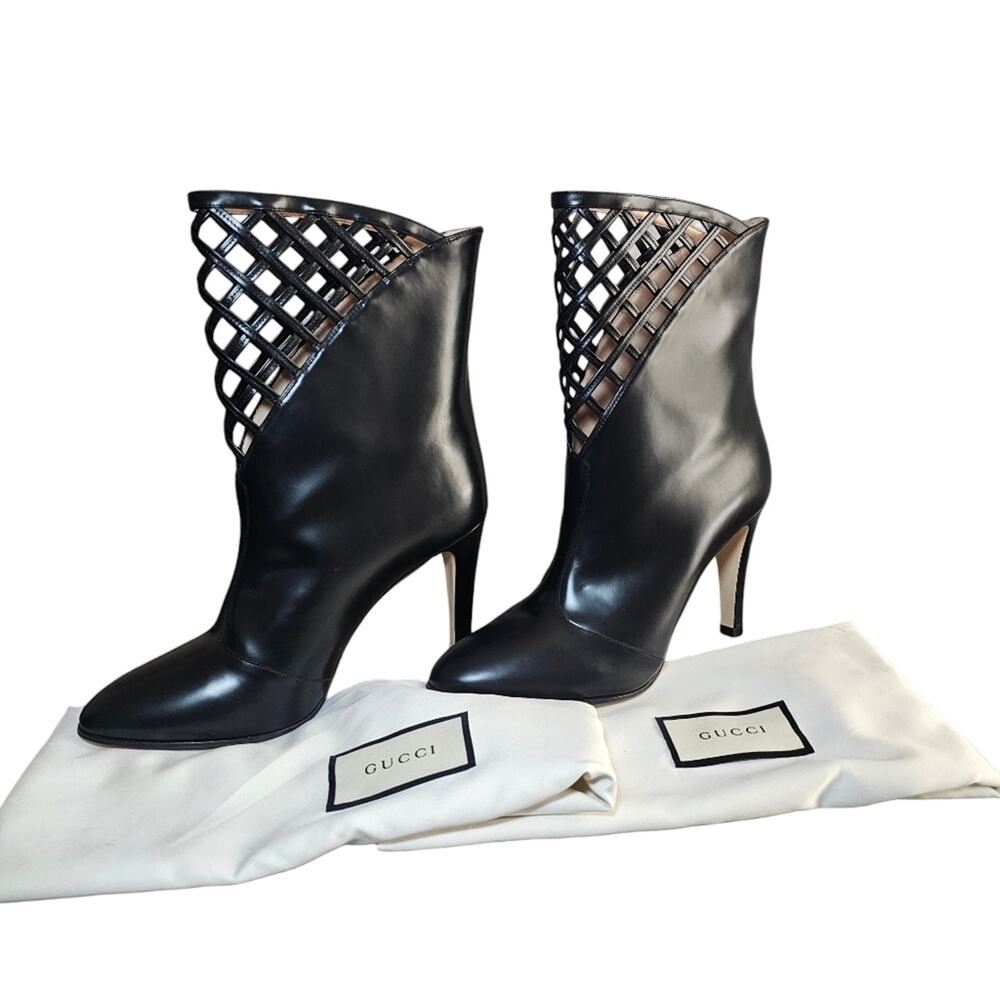 Gucci Women's Black Plume Calfskin Leather Lattice‎ Cutout Boots Size EU 39.5